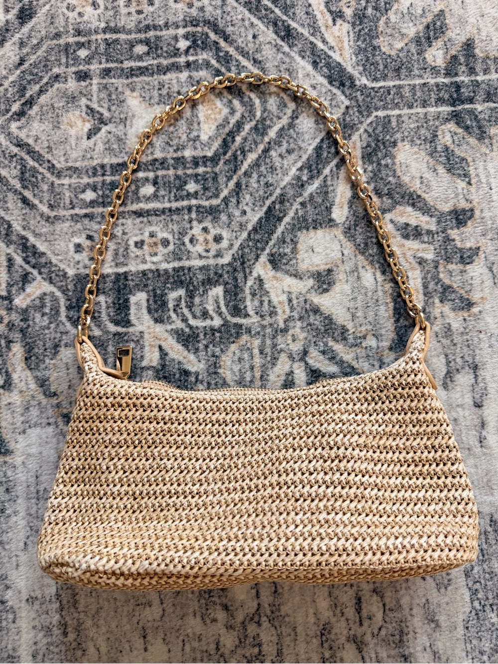 Woven Straw Shoulder Bag with Gold Chain
